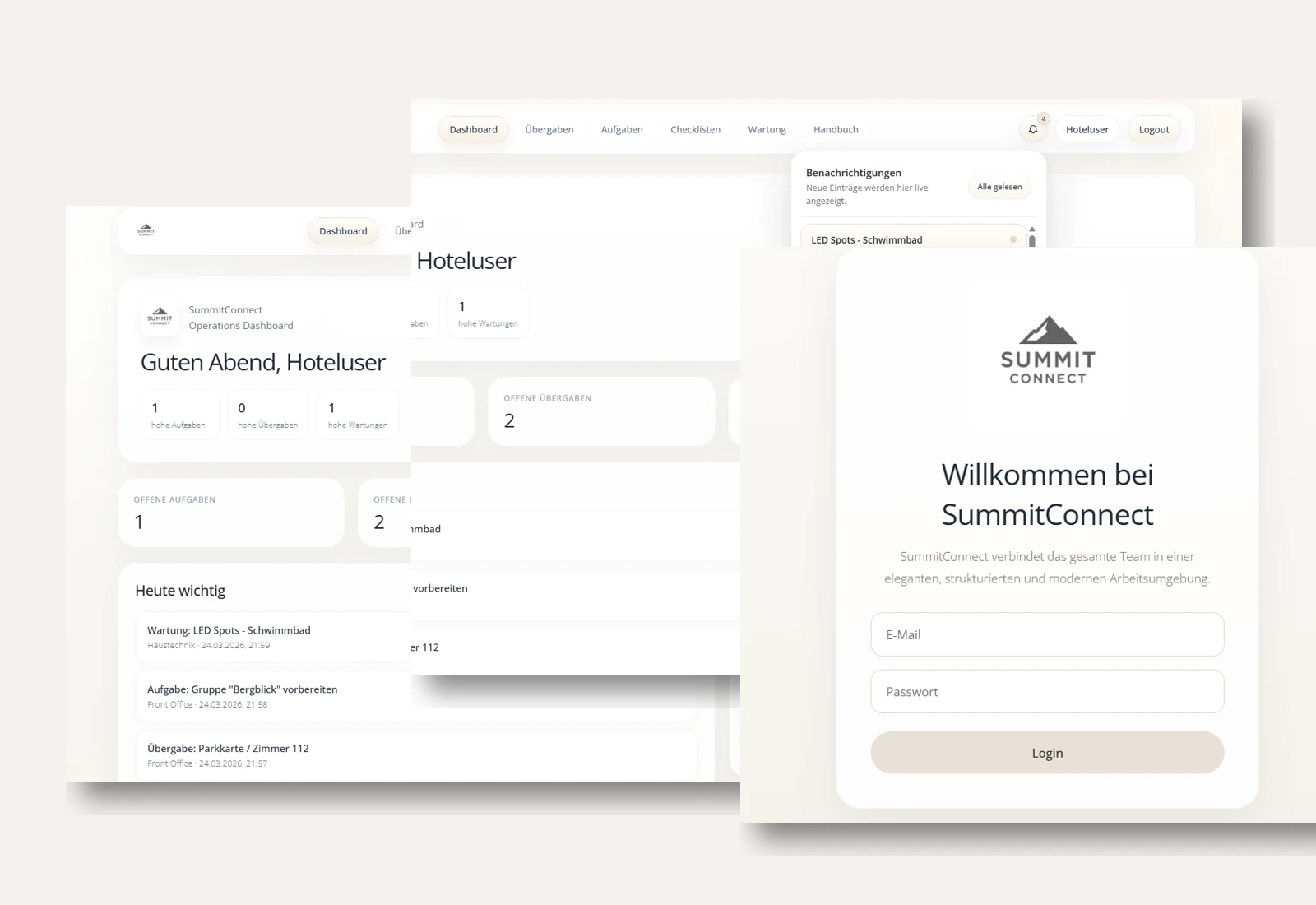 SummitConnect hotel software for tasks, shift handovers, checklists, handbook, maintenance and staff planning